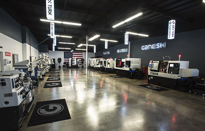 Wide angle shot of showroom with CNC and turning machines