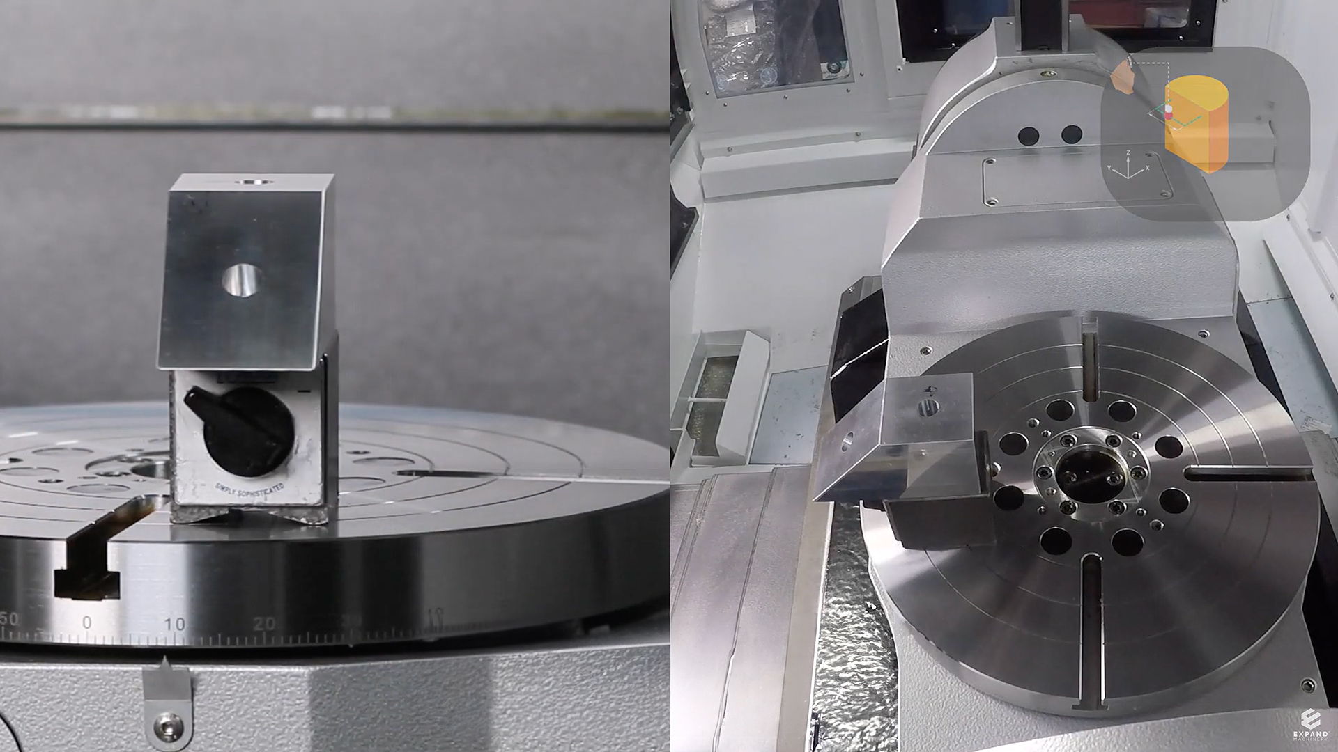 Split image showing 2 perspectives of the interior of a 5x-12 CNC machine