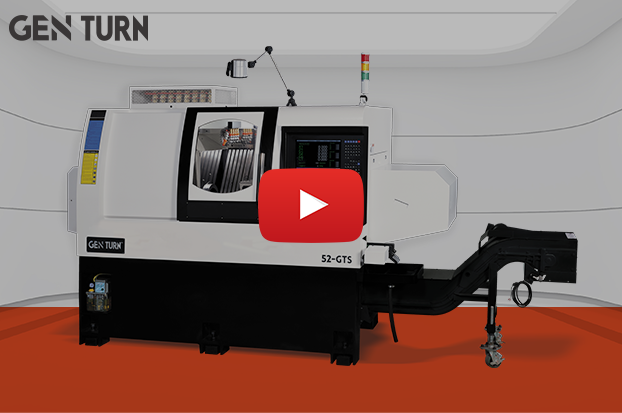 A video showing GEN TURN 52 GTS dual slide 6-axis CNC lathe using a thread rolling head